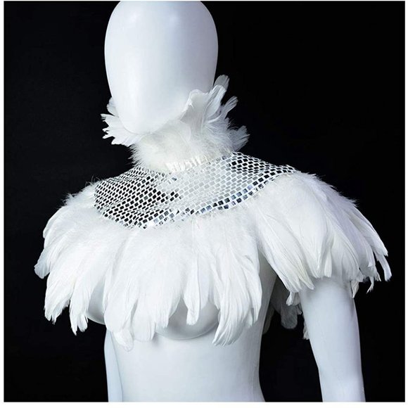 Natural Feather Sequin Shawl Gothic Black Cape - Picture 4 of 6